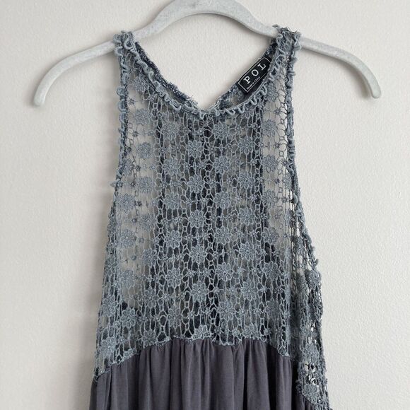 POL Womens Gray Crochet Tank Top Open Back Size Medium Girly Boho Festival - Picture 3 of 11